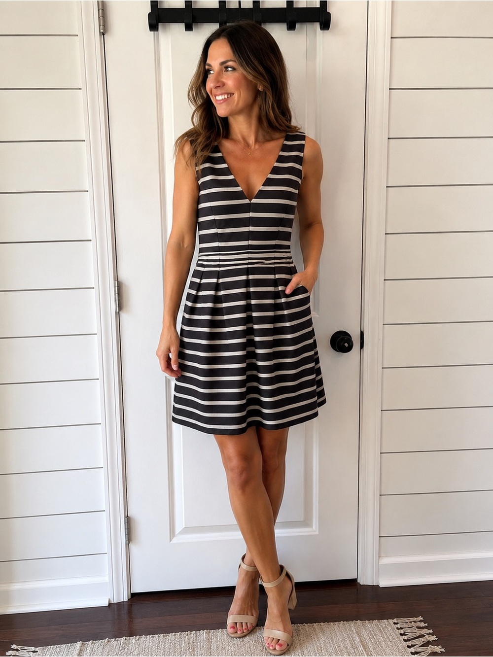 J. Crew Black and White Striped Sleeveless cocktail V-Neck Mini Dress